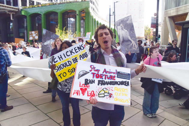 October 13, 2026, London, England, United Kingdom: Protesters gather outside Pret headquarters urging the fast food chain to drop Frankenchickens. Frankenchickens are chickens mostly raised on factory farms who are bred to grow much faster and who are said to suffer far more than regular chickens. London United Kingdom  - ZUMAv130 20261013_zip_v130_041 Copyright: xVukxValcicx