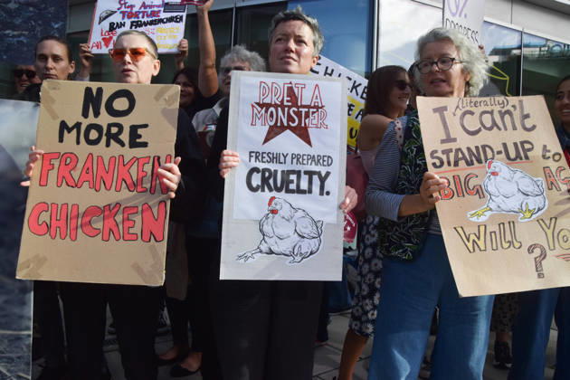 October 13, 2026, London, England, United Kingdom: Protesters gather outside Pret headquarters urging the fast food chain to drop Frankenchickens. Frankenchickens are chickens mostly raised on factory farms who are bred to grow much faster and who are said to suffer far more than regular chickens. London United Kingdom  - ZUMAv130 20261013_zip_v130_046 Copyright: xVukxValcicx