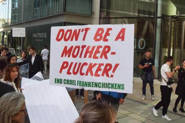 October 13, 2026, London, England, United Kingdom: Protesters gather outside Pret headquarters urging the fast food chain to drop Frankenchickens. Frankenchickens are chickens mostly raised on factory farms who are bred to grow much faster and who are said to suffer far more than regular chickens. London United Kingdom - ZUMAv130 20261013_zip_v130_043 Copyright: xVukxValcicx