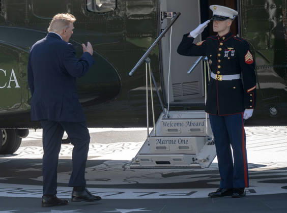October 13, 2026, Washington, District Of Columbia, USA: United States President Donald J Trump salutes the Marine Guard as he boards Marine One to depart for a campaign trip to Alaska, Nevada, Arizona and Montana from the South Lawn of the White House in Washington, DC, USA, on Tuesday, October 13, 2026 Washington USA  - ZUMAs152 20261013_faa_s152_039 Copyright: xRonxSachs-CNPx