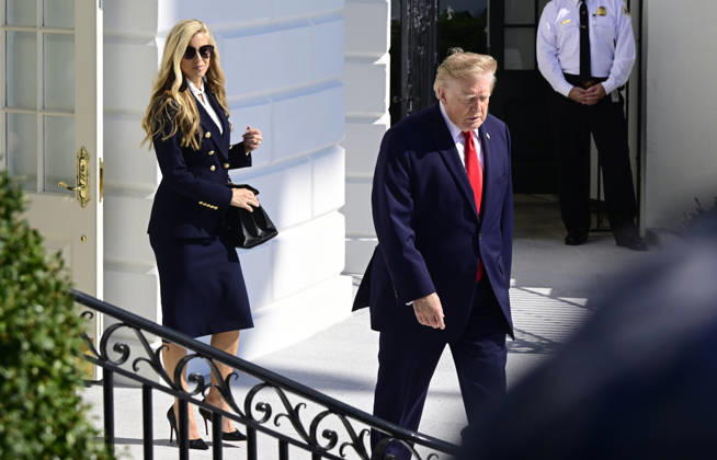 October 13, 2026, Washington, District Of Columbia, USA: United States President Donald J Trump, followed by new White House Press Secretary Katie Zacharia, emerges from the Diplomatic Entrance as he departs for a campaign trip to Alaska, Nevada, Arizona and Montana from the South Lawn of the White House in Washington, DC, USA, on Tuesday, October 13, 2026 Washington USA  - ZUMAs152 20261013_faa_s152_041 Copyright: xRonxSachs-CNPx