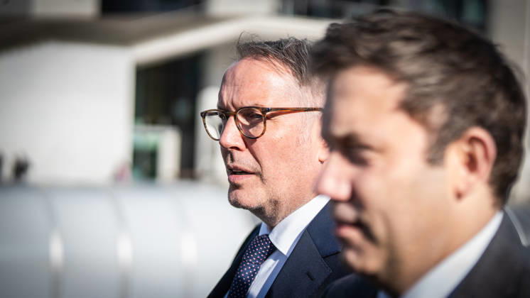 Lars Klingbeil, SPD Party Chairman and Federal Minister of Finance, and Alexander Schweitzer, Federal Minister of Labor-designate, at Friedrich-Ebert-Platz in front of the Bundestag building; introduction of the new Federal Minister of Labor on the day of his swearing-in by the SPD Party Chairman, Berlin, Berlin, Germany, Friedrich-Ebert-Platz