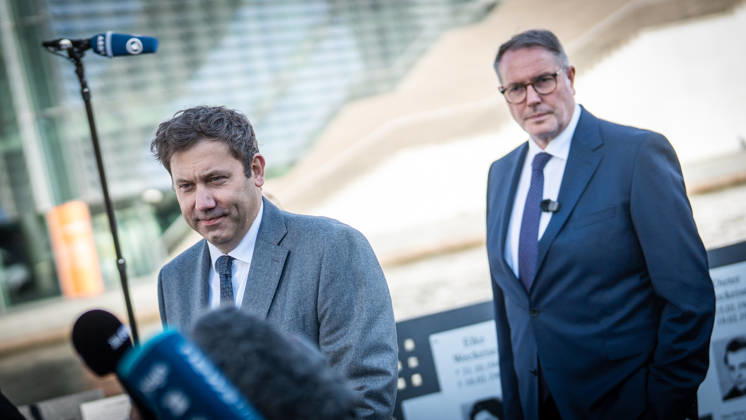 Lars Klingbeil, SPD Party Chairman and Federal Minister of Finance, and Alexander Schweitzer, Federal Minister of Labor-designate, at Friedrich-Ebert-Platz in front of the Bundestag building; introduction of the new Federal Minister of Labor on the day of his swearing-in by the SPD Party Chairman, Berlin, Germany, Friedrich-Ebert-Platz