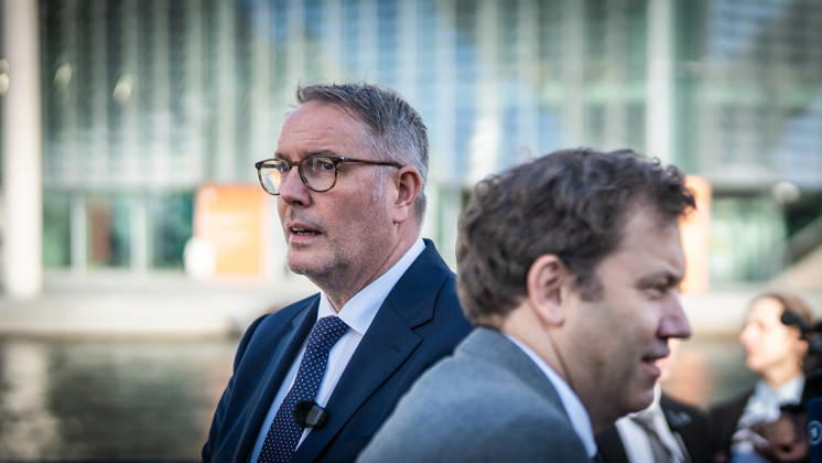 Lars Klingbeil, SPD Party Chairman and Federal Minister of Finance, and Alexander Schweitzer, Federal Minister of Labor-designate, at Friedrich-Ebert-Platz in front of the Bundestag building; introduction of the new Federal Minister of Labor on the day of his swearing-in by the SPD Party Chairman, Berlin, Berlin, Germany, Friedrich-Ebert-Platz