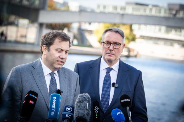Lars Klingbeil, SPD Party Chairman and Federal Minister of Finance, and Alexander Schweitzer, Federal Minister of Labor-designate, at Friedrich-Ebert-Platz in front of the Bundestag building; introduction of the new Federal Minister of Labor on the day of his swearing-in by the SPD Party Chairman, Berlin, Berlin, Germany, Friedrich-Ebert-Platz