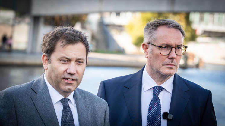 Lars Klingbeil, SPD Party Chairman and Federal Minister of Finance, and Alexander Schweitzer, Federal Minister of Labor-designate, at Friedrich-Ebert-Platz in front of the Bundestag building; introduction of the new Federal Minister of Labor on the day of his swearing-in by the SPD Party Chairman, Berlin, Germany, Friedrich-Ebert-Platz