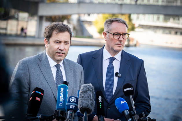 Lars Klingbeil, SPD Party Chairman and Federal Minister of Finance, and Alexander Schweitzer, Federal Minister of Labor-designate, at Friedrich-Ebert-Platz in front of the Bundestag building; introduction of the new Federal Minister of Labor on the day of his swearing-in by the SPD Party Chairman, Berlin, Germany, Friedrich-Ebert-Platz