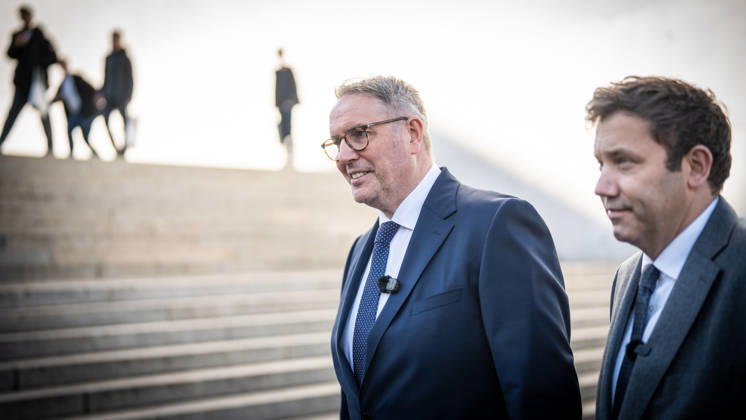 Lars Klingbeil, SPD Party Chairman and Federal Minister of Finance, and Alexander Schweitzer, Federal Minister of Labor-designate, at Friedrich-Ebert-Platz in front of the Bundestag building; introduction of the new Federal Minister of Labor on the day of his swearing-in by the SPD Party Chairman, Berlin, Berlin, Germany, Friedrich-Ebert-Platz