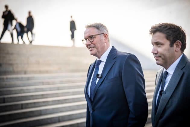 Lars Klingbeil, SPD Party Chairman and Federal Minister of Finance, and Alexander Schweitzer, Federal Minister of Labor-designate, at Friedrich-Ebert-Platz in front of the Bundestag building; introduction of the new Federal Minister of Labor on the day of his swearing-in by the SPD Party Chairman, Berlin, Berlin, Germany, Friedrich-Ebert-Platz