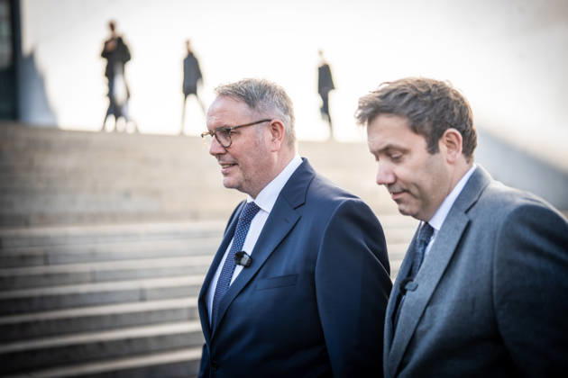 Lars Klingbeil, SPD Party Chairman and Federal Minister of Finance, and Alexander Schweitzer, Federal Minister of Labor-designate, at Friedrich-Ebert-Platz in front of the Bundestag building; introduction of the new Federal Minister of Labor on the day of his swearing-in by the SPD Party Chairman, Berlin, Berlin, Germany, Friedrich-Ebert-Platz
