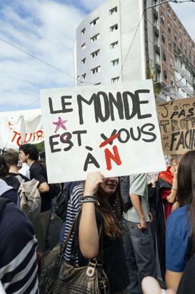 High School Student Mobilisation - Toulouse A placard in the procession -The world belongs to us. Act V of the secondary school and university students protests. Young people and the world of work are continuing their joint mobilisation and demands for adequate resources for education, better study conditions, an end to student precariousness, and access to housing. France, Toulouse, 13 October 2026. Photo by Patricia Huchot-Boissier AbacaPress.com. TOULOUSE OCCITANIE France  Copyright: xHuchot-BoissierxPatricia ABACAx