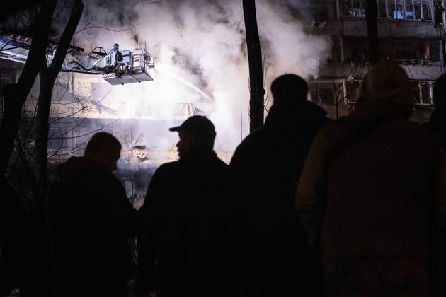 RECORD DATE NOT STATED A rescuer on an aerial platform extinguishes a fire that broke out following a Russian missile strike on a nine-story residential building in Kyiv’s Desnianskyi district, Ukraine, on October 14, 2026. Russia launched a massive ballistic missile attack on the capital. Three women were killed and 19 other people were injured in the Desnianskyi district, including a seven-year-old girl. Apartments in the nine-story building were also damaged from the first through the eighth floor (Photo by Danylo Antoniuk Ukrinform) Ballistic missile strikes next to nine-story residential building in Desnianskyi district of Kyiv  Copyright: xDanyloxAntoniukx