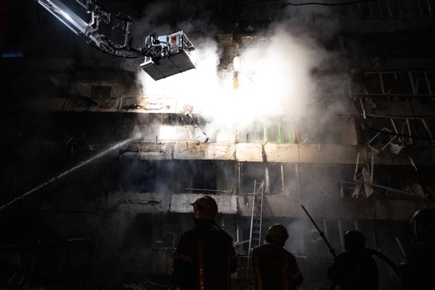 RECORD DATE NOT STATED Rescuers work during efforts to eliminate the aftermath of a Russian missile strike on a nine-story residential building in Kyiv’s Desnianskyi district, Ukraine, on October 14, 2026. Russia launched a massive ballistic missile attack on the capital. Three women were killed and 19 people were injured in the Desnianskyi district, including a seven-year-old girl. Apartments on the first through eighth floors of the building were also damaged (Photo by Danylo Antoniuk Ukrinform) Ballistic missile strikes next to nine-story residential building in Desnianskyi district of Kyiv  Copyright: xDanyloxAntoniukx