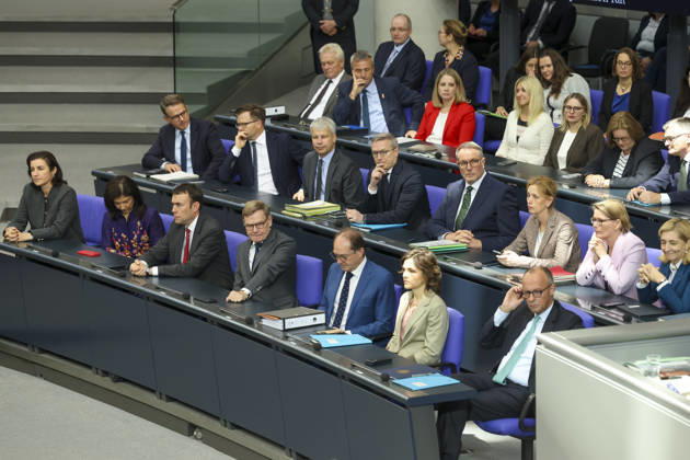 Federal Cabinet, Federal Ministers, including Merz, at the session of the German Bundestag on October 14, 2026, in Berlin; Federal Chancellor Merz delivering a government statement to the German Bundestag