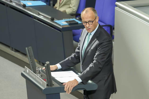 Friedrich Merz at the session of the German Bundestag on October 14, 2026, in Berlin; Chancellor Merz delivering the government statement to the German Bundestag
