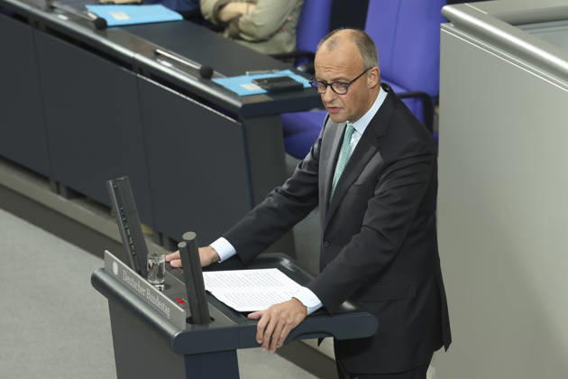 Friedrich Merz at the session of the German Bundestag on October 14, 2026, in Berlin; Chancellor Merz delivering the government statement to the German Bundestag