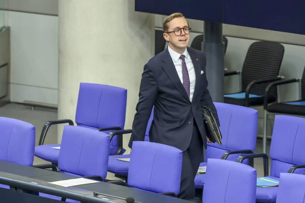 Philipp Amthor at the session of the German Bundestag on October 14, 2026, in Berlin; Chancellor Merz delivering the government s policy statement to the German Bundestag