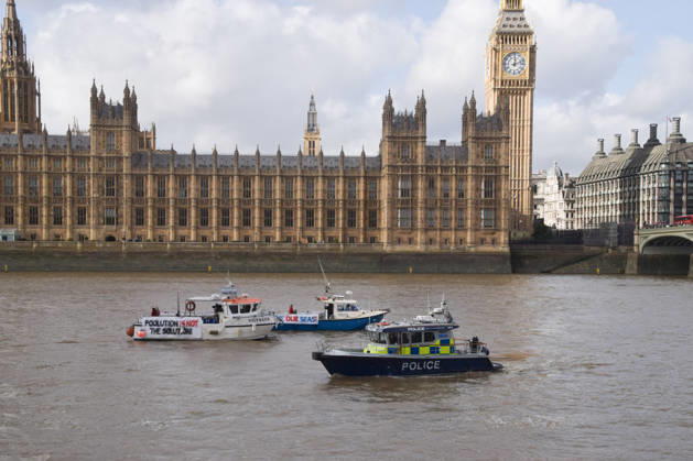 October 14, 2026, London, England, United Kingdom: Campaigners stage a protest in boats on the River Thames outside the Parliament calling on the UK government to act on sewage pollution. London United Kingdom - ZUMAv130 20261014_zip_v130_018 Copyright: xVukxValcicx