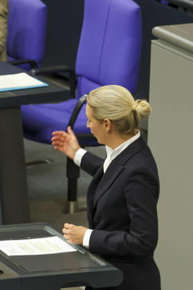 Alice Weidel at the session of the German Bundestag on October 14, 2026, in Berlin; Chancellor Merz delivering the government’s policy statement to the German Bundestag