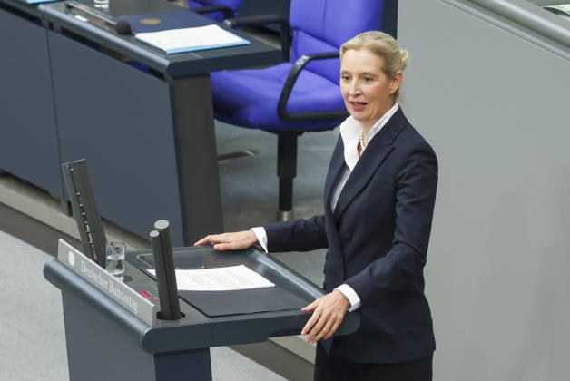 Alice Weidel at the session of the German Bundestag on October 14, 2026, in Berlin; Chancellor Merz delivering the government’s policy statement to the German Bundestag
