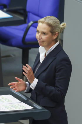 Alice Weidel at the session of the German Bundestag on October 14, 2026, in Berlin; Chancellor Merz delivering the government’s policy statement to the German Bundestag