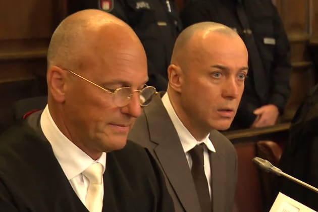 GERMANY, HAMBURG - OCTOBER 14, 2026: Ukrainian citizen Serhii Kuznetsov (R), accused of attacking the Nord Stream gas pipelines in 2022, attends a first hearing at the Higher Regional Court. POOL TASS 99291356