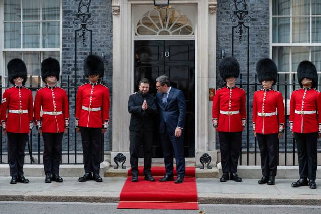 October 14, 2026, London, England, United Kingdom: British Prime Minister Andy BURNHAM welcomes Ukrainian President Volodymyr ZELENSKYY outside 10 Downing Street in London, United Kingdom, ahead of their meeting to discuss support for Ukraine. London United Kingdom  - ZUMAk172 20261014_zip_k172_067 Copyright: xThomasxKrychx