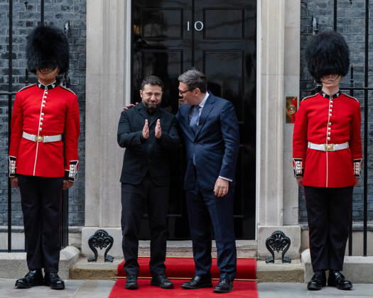 October 14, 2026, London, England, United Kingdom: British Prime Minister Andy BURNHAM welcomes Ukrainian President Volodymyr ZELENSKYY outside 10 Downing Street in London, United Kingdom, ahead of their meeting to discuss support for Ukraine. London United Kingdom  - ZUMAk172 20261014_zip_k172_070 Copyright: xThomasxKrychx