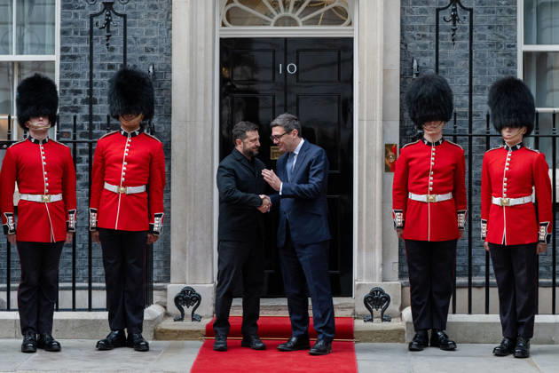 October 14, 2026, London, England, United Kingdom: British Prime Minister Andy BURNHAM welcomes Ukrainian President Volodymyr ZELENSKYY outside 10 Downing Street in London, United Kingdom, ahead of their meeting to discuss support for Ukraine. London United Kingdom  - ZUMAk172 20261014_zip_k172_076 Copyright: xThomasxKrychx