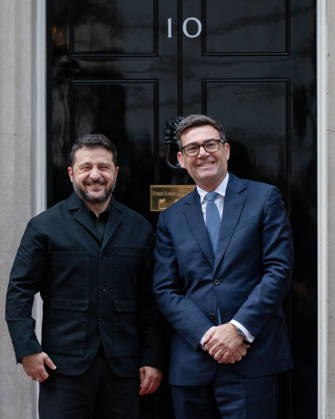 October 14, 2026, London, England, United Kingdom: British Prime Minister Andy BURNHAM welcomes Ukrainian President Volodymyr ZELENSKYY outside 10 Downing Street in London, United Kingdom, ahead of their meeting to discuss support for Ukraine. London United Kingdom - ZUMAk172 20261014_zip_k172_071 Copyright: xThomasxKrychx