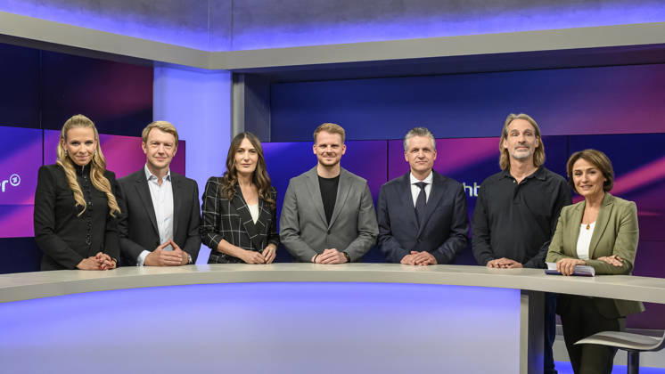 Pictured, from left: Nena Brockhaus, journalist; Markus Preiß, head of the ARD Berlin studio; Anja Kohl, ARD host and economic expert; Tim Klüssendorf, SPD Secretary-General; Thorsten Frei, CDU Union parliamentary group leader; Richard David Precht, philosopher; Sandra Maischberge Copyright: HMBxMedia UwexKoch