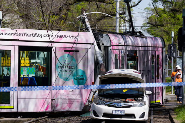 October 15, 2026, Melbourne, Victoria, Australia: A tram is derailed after a collision with a car during the morning peak hour on Victoria Parade in Melbourne, Australia. No Passengers were hurt but services have been disrupted. Melbourne Australia  - ZUMAl303 20261015_aaf_l303_001 Copyright: xSydneyxLowx