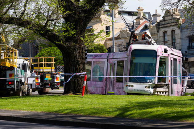October 15, 2026, Melbourne, Victoria, Australia: A tram is derailed after a collision with a car during the morning peak hour on Victoria Parade in Melbourne, Australia. No Passengers were hurt but services have been disrupted. Melbourne Australia - ZUMAl303 20261015_aaf_l303_002 Copyright: xSydneyxLowx