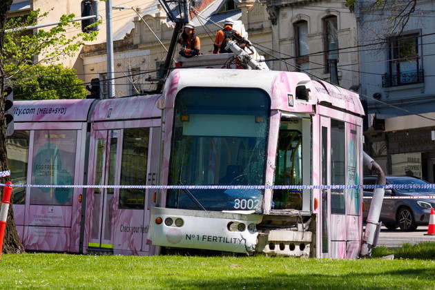 October 15, 2026, Melbourne, Victoria, Australia: A tram is derailed after a collision with a car during the morning peak hour on Victoria Parade in Melbourne, Australia. No Passengers were hurt but services have been disrupted. Melbourne Australia - ZUMAl303 20261015_aaf_l303_004 Copyright: xSydneyxLowx