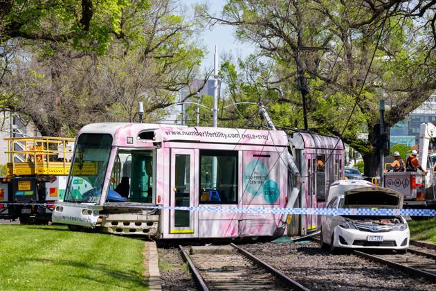 October 15, 2026, Melbourne, Victoria, Australia: A tram is derailed after a collision with a car during the morning peak hour on Victoria Parade in Melbourne, Australia. No Passengers were hurt but services have been disrupted. Melbourne Australia - ZUMAl303 20261015_aaf_l303_005 Copyright: xSydneyxLowx