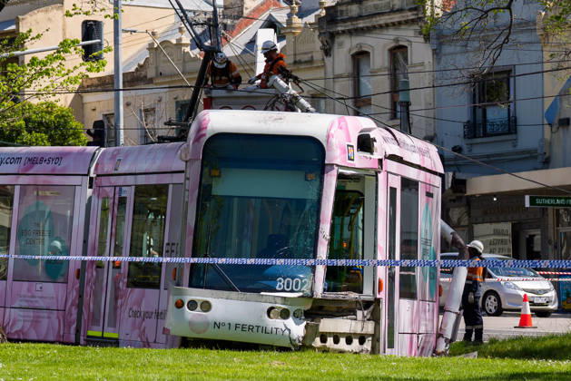 October 15, 2026, Melbourne, Victoria, Australia: A tram is derailed after a collision with a car during the morning peak hour on Victoria Parade in Melbourne, Australia. No Passengers were hurt but services have been disrupted. Melbourne Australia  - ZUMAl303 20261015_aaf_l303_007 Copyright: xSydneyxLowx