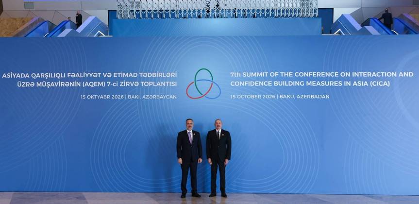 Turkish Foreign Minister Hakan Fidan BAKU, AZERBAIJAN - OCTOBER 15: (----EDITORIAL USE ONLY - MANDATORY CREDIT - ‘TURKISH MINISTRY OF FOREIGN AFFAIRS HANDOUT - NO MARKETING NO ADVERTISING CAMPAIGNS - DISTRIBUTED AS A SERVICE TO CLIENTS----) Turkish Foreign Minister Hakan Fidan is welcomed by Azerbaijani President Ilham Aliyev as he arrives to attend the 7th Summit of the Conference on Interaction and Confidence Building Measures in Asia (CICA), representing Turkish President Recep Tayyip Erdogan, in Azerbaijan on October 15, 2026. Turkish Foreign Ministry Handout Anadolu Baku Azerbaijan. Editorial use only. Please get in touch for any other usage.  Copyright: x2026xAnadoluxTurkishxForeignxMinistry Handoutx