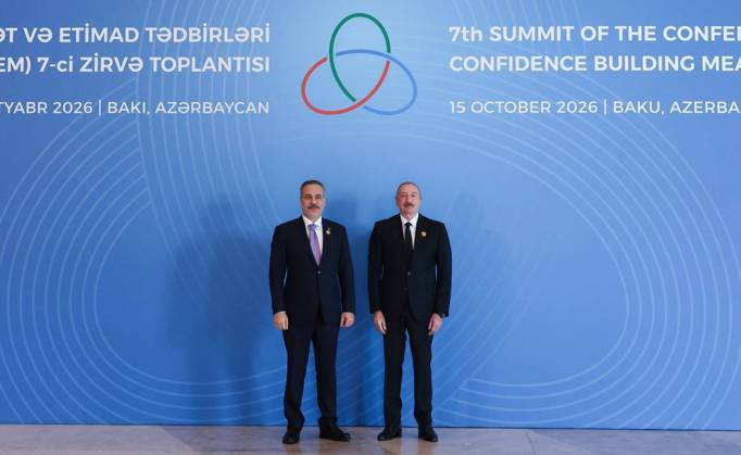 Turkish Foreign Minister Hakan Fidan BAKU, AZERBAIJAN - OCTOBER 15: (----EDITORIAL USE ONLY - MANDATORY CREDIT - ‘TURKISH MINISTRY OF FOREIGN AFFAIRS HANDOUT - NO MARKETING NO ADVERTISING CAMPAIGNS - DISTRIBUTED AS A SERVICE TO CLIENTS----) Turkish Foreign Minister Hakan Fidan is welcomed by Azerbaijani President Ilham Aliyev as he arrives to attend the 7th Summit of the Conference on Interaction and Confidence Building Measures in Asia (CICA), representing Turkish President Recep Tayyip Erdogan, in Azerbaijan on October 15, 2026. Turkish Foreign Ministry Handout Anadolu Baku Azerbaijan. Editorial use only. Please get in touch for any other usage.  Copyright: x2026xAnadoluxTurkishxForeignxMinistry Handoutx
