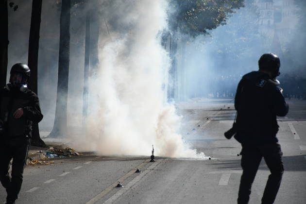 Student protests demanding improved educational conditions continue in Albania TIRANA, ALBANIA - OCTOBER 15: Riot police, wearing protective gear, are seen amid thick clouds of tear gas during the third day of protests demanding improved educational conditions in Tirana, Albania, on October 15, 2026. University students are joined by high school students and local residents as police use tear gas to disperse demonstrators outside the Ministry of Education and the Parliament building, while protesters throw stones and other objects at police officers. Olsi Shehu Anadolu Tirana Albania. Editorial use only. Please get in touch for any other usage.  Copyright: x2026xAnadoluxOlsixShehux