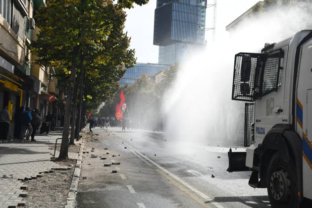 Student protests demanding improved educational conditions continue in Albania TIRANA, ALBANIA - OCTOBER 15: A police water cannon sprays water toward demonstrators during the third day of protests demanding improved educational conditions in Tirana, Albania, on October 15, 2026. University students are joined by high school students and local residents as tensions escalate, with police using tear gas to disperse demonstrators outside the Ministry of Education and the Parliament building, while protesters throw stones and other objects at police officers. Olsi Shehu Anadolu Tirana Albania. Editorial use only. Please get in touch for any other usage.  Copyright: x2026xAnadoluxOlsixShehux