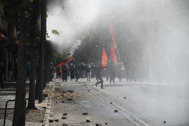 Student protests demanding improved educational conditions continue in Albania TIRANA, ALBANIA - OCTOBER 15: A police water cannon sprays water toward demonstrators during the third day of protests demanding improved educational conditions in Tirana, Albania, on October 15, 2026. University students are joined by high school students and local residents as tensions escalate, with police using tear gas to disperse demonstrators outside the Ministry of Education and the Parliament building, while protesters throw stones and other objects at police officers. Olsi Shehu Anadolu Tirana Albania. Editorial use only. Please get in touch for any other usage.  Copyright: x2026xAnadoluxOlsixShehux