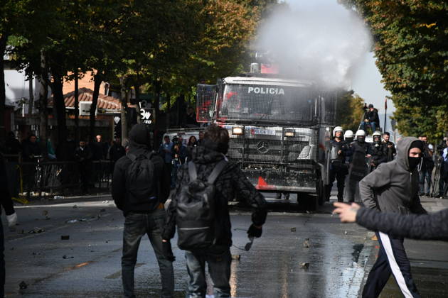 Student protests demanding improved educational conditions continue in Albania TIRANA, ALBANIA - OCTOBER 15: A police water cannon sprays water toward demonstrators during the third day of protests demanding improved educational conditions in Tirana, Albania, on October 15, 2026. University students are joined by high school students and local residents as tensions escalate, with police using tear gas to disperse demonstrators outside the Ministry of Education and the Parliament building, while protesters throw stones and other objects at police officers. Olsi Shehu Anadolu Tirana Albania. Editorial use only. Please get in touch for any other usage.  Copyright: x2026xAnadoluxOlsixShehux