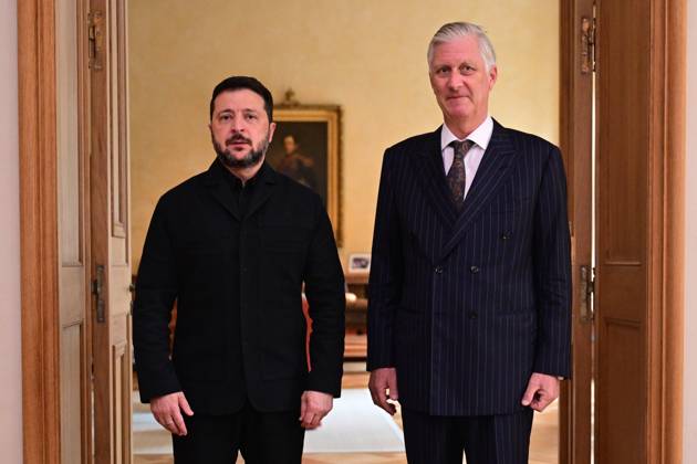 Ukraine president Volodymyr Zelensky and King Philippe - Filip of Belgium pictured during a meeting at the Royal Palace, on Thursday 15 October 2026 in Brussels.  DIRKxWAEM 189896017