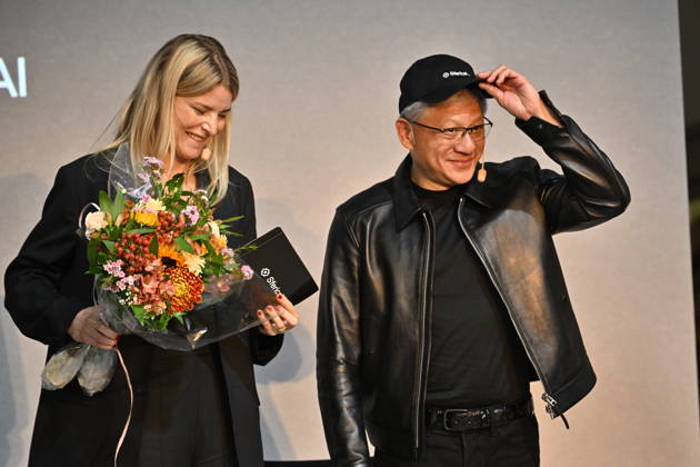 Jenny Nordlöw, CEO of Sferical AI, and Jensen Huang, CEO of Nvidia, during the Sferical One event at Eric Ericsonhallen in Stockholm, Sweden, on October 15, 2026 STOCKHOLM SWEDEN x10040x  Copyright: xAndersxWiklund TTx SFERICAL ONE NVIDIA fY8X4EXo4BE