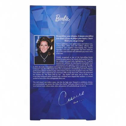 Céline Dion gets her own Barbie doll based on her 1998 Oscars look Céline Dion gets her own Barbie doll based on her 1998 Oscars look., , Toymaker Mattel has announced the legendary Canadian singer is being honored with a Barbie Signature doll., , Céline’s doll wears a long-sleeve navy-blue gown and a necklace inspired by the blue heart-shaped diamond necklace, capturing her look as My Heart Will Go On from movie blockbuster Titanic won Best Original Song at the 1998 Academy Awards., , Céline said: It is a true honor to join the Barbie legacy with a doll inspired by one of the most meaningful moments of my career., , I hope this doll inspires everyone to express themselves with confidence, follow their dreams and believe in the power of  Copyright: xThexMegaxAgencyxMattelxInc Megax