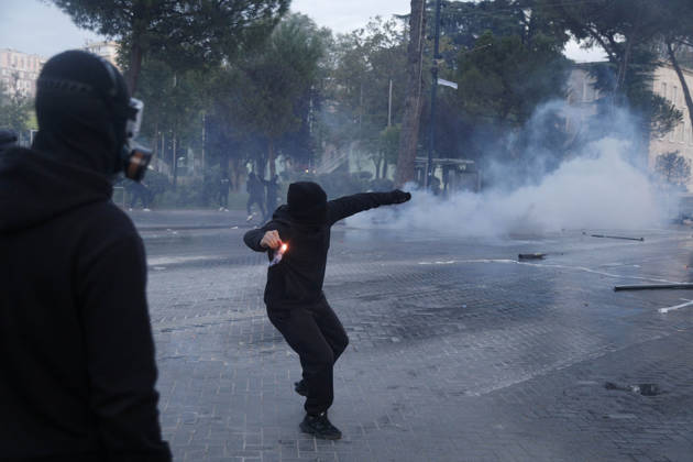Protesters Clash with Police During a Demonstration in Tirana, Albania. Protesters throw stones at riot police during an anti-government demonstration in central Tirana on October 15, 2026, as protests continued for a third consecutive day over university conditions and demands for the resignation of Albanian Prime Minister Edi Rama. The latest rally follows two nights of violence in the capital, during which protesters and riot police clashed, police used water cannons and tear gas, and demonstrators damaged government offices and shops and set fire to several buildings. Light Studio Agency Malton Dibra Tirana Albania Copyright: xLightxStudioxAgencyx xMaltonxDibrax