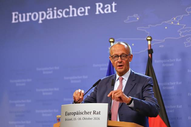 Brussels, Belgium, October 16, 2026, at the Europa Building during the EU Summit: Chancellor Friedrich Merz of the CDU at a closing press conference on Friday afternoon Copyright: xdtsxNachrichtenagenturx dts_139644