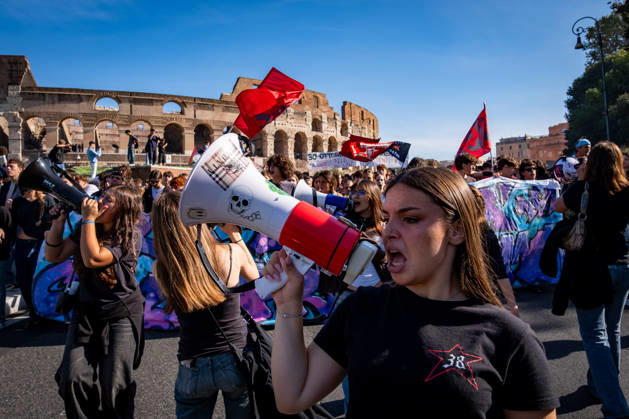 October 16, 2026, Rome, Rm, Italy: Thousands of students are taking to the streets to protest against the Meloni government™s education policies. The students™ demands include: No one is a foreigner; fund schools, not war; and no to the militarization of school. We™re taking our freedom reads the banner. Rome Italy - ZUMAg256 20261016_znp_g256_010 Copyright: xMarcoxDixGianvitox