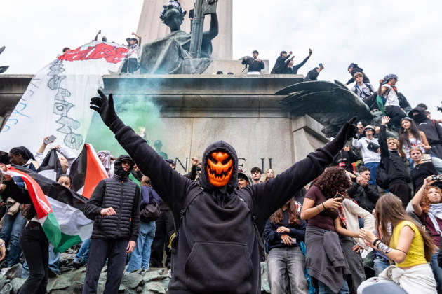 October 16, 2026, Turin, Piedmont, Italy: After days of occupations at many high schools across the city, following the French model, on Friday, October 16, in Turin, thousands of students took to the streets to protest the lack of resources in the school system and the inadequate condition of school buildings. The protesters marched through the city, stopping in front of Porta Susa, where teachers formed a human chain to separate them from the police. Lastly, in Piazza Castello, the police used water cannons and tear gas to disperse the demonstration, which had arrived outside the police headquarters. Turin Italy  - ZUMAs377 20261016_znp_s377_017 Copyright: xPietroxStariccox