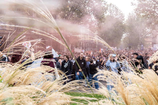 October 16, 2026, Turin, Piedmont, Italy: After days of occupations at many high schools across the city, following the French model, on Friday, October 16, in Turin, thousands of students took to the streets to protest the lack of resources in the school system and the inadequate condition of school buildings. The protesters marched through the city, stopping in front of Porta Susa, where teachers formed a human chain to separate them from the police. Lastly, in Piazza Castello, the police used water cannons and tear gas to disperse the demonstration, which had arrived outside the police headquarters. Turin Italy  - ZUMAs377 20261016_znp_s377_018 Copyright: xPietroxStariccox